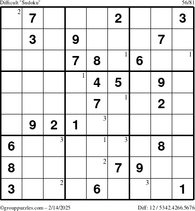 The grouppuzzles.com Difficult Sudoku puzzle for Friday February 14, 2025 with the first 3 steps marked