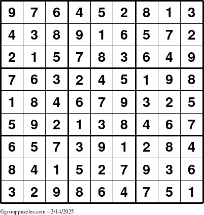 The grouppuzzles.com Answer grid for the Sudoku puzzle for Friday February 14, 2025