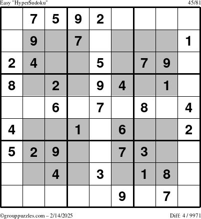 The grouppuzzles.com Easy HyperSudoku puzzle for Friday February 14, 2025