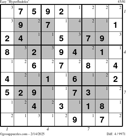 The grouppuzzles.com Easy HyperSudoku puzzle for Friday February 14, 2025 with all 4 steps marked