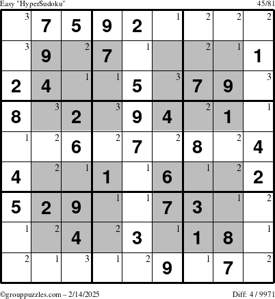 The grouppuzzles.com Easy HyperSudoku puzzle for Friday February 14, 2025 with the first 3 steps marked