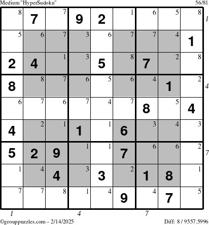 The grouppuzzles.com Medium HyperSudoku puzzle for Friday February 14, 2025, suitable for printing, with all 8 steps marked