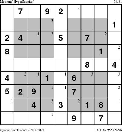 The grouppuzzles.com Medium HyperSudoku puzzle for Friday February 14, 2025 with the first 3 steps marked