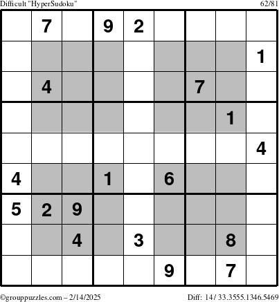 The grouppuzzles.com Difficult HyperSudoku puzzle for Friday February 14, 2025