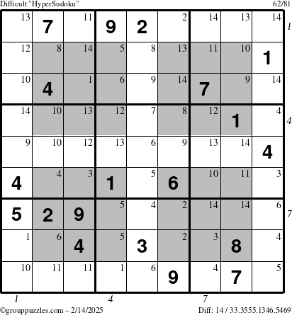 The grouppuzzles.com Difficult HyperSudoku puzzle for Friday February 14, 2025 with all 14 steps marked