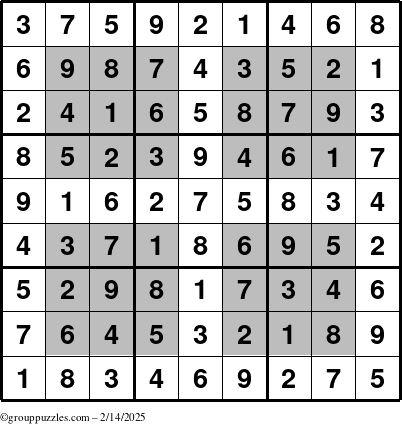 The grouppuzzles.com Answer grid for the HyperSudoku puzzle for Friday February 14, 2025