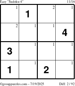 The grouppuzzles.com Easy Sudoku-4 puzzle for Saturday July 19, 2025 with the first 2 steps marked