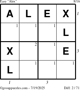 The grouppuzzles.com Easy Alex puzzle for Saturday July 19, 2025, suitable for printing, with all 2 steps marked