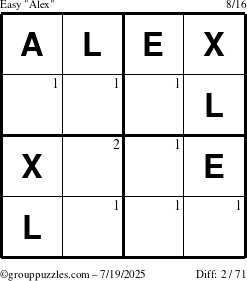 The grouppuzzles.com Easy Alex puzzle for Saturday July 19, 2025 with the first 2 steps marked