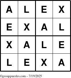 The grouppuzzles.com Answer grid for the Alex puzzle for Saturday July 19, 2025