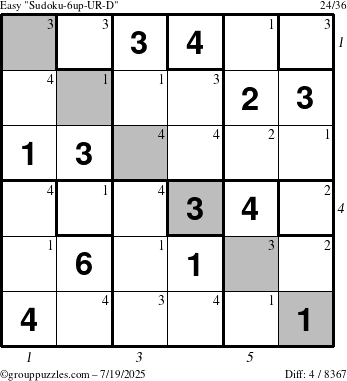 The grouppuzzles.com Easy Sudoku-6up-UR-D puzzle for Saturday July 19, 2025 with all 4 steps marked