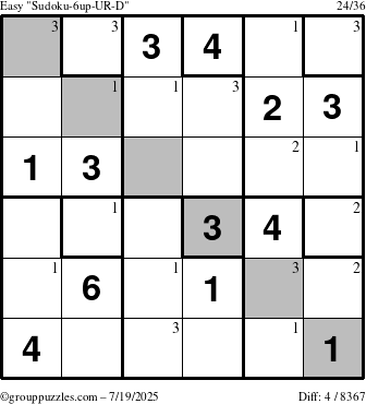 The grouppuzzles.com Easy Sudoku-6up-UR-D puzzle for Saturday July 19, 2025 with the first 3 steps marked
