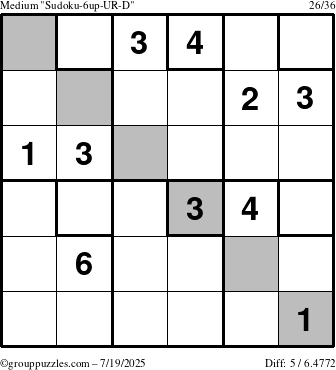 The grouppuzzles.com Medium Sudoku-6up-UR-D puzzle for Saturday July 19, 2025