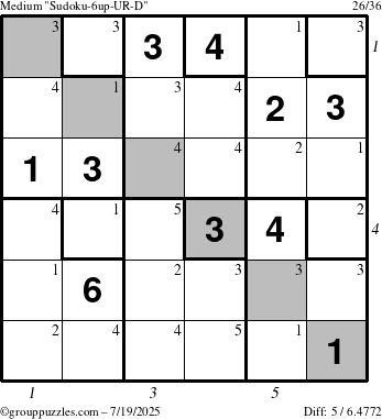 The grouppuzzles.com Medium Sudoku-6up-UR-D puzzle for Saturday July 19, 2025 with all 5 steps marked