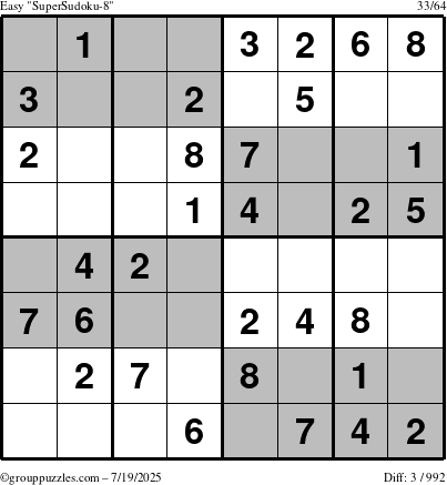 The grouppuzzles.com Easy SuperSudoku-8 puzzle for Saturday July 19, 2025