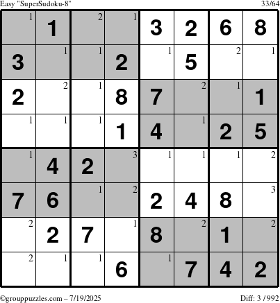 The grouppuzzles.com Easy SuperSudoku-8 puzzle for Saturday July 19, 2025 with the first 3 steps marked