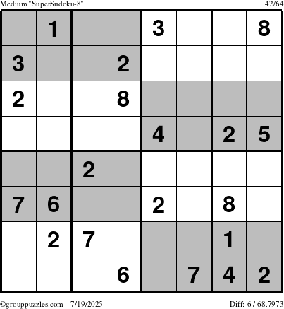 The grouppuzzles.com Medium SuperSudoku-8 puzzle for Saturday July 19, 2025