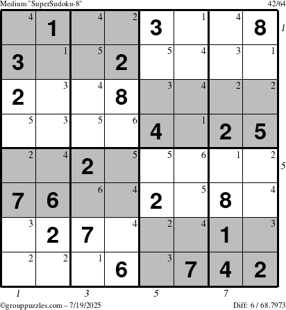 The grouppuzzles.com Medium SuperSudoku-8 puzzle for Saturday July 19, 2025 with all 6 steps marked