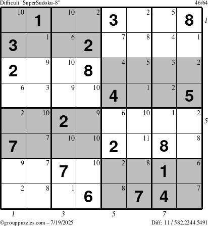 The grouppuzzles.com Difficult SuperSudoku-8 puzzle for Saturday July 19, 2025, suitable for printing, with all 11 steps marked