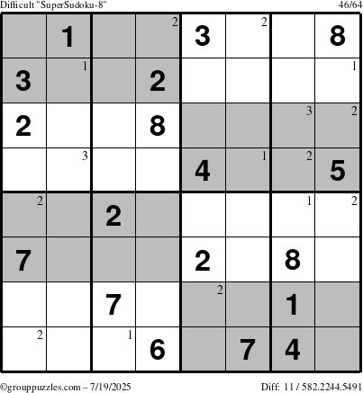 The grouppuzzles.com Difficult SuperSudoku-8 puzzle for Saturday July 19, 2025 with the first 3 steps marked