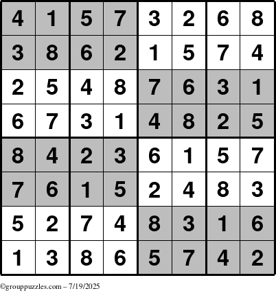 The grouppuzzles.com Answer grid for the SuperSudoku-8 puzzle for Saturday July 19, 2025
