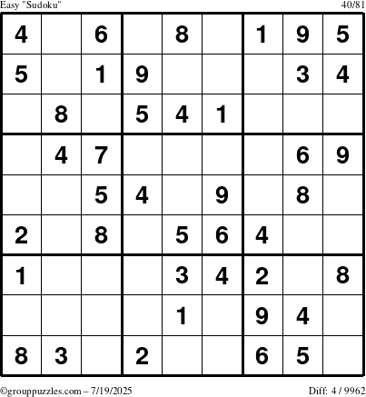 The grouppuzzles.com Easy Sudoku puzzle for Saturday July 19, 2025