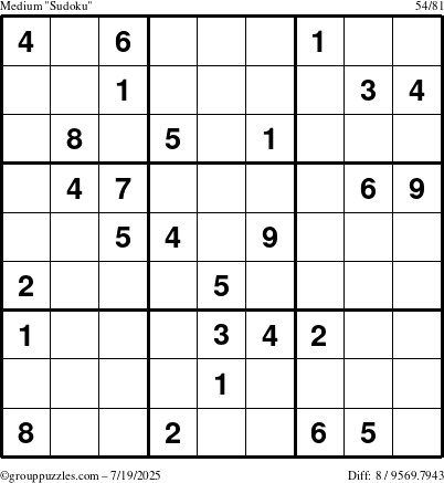 The grouppuzzles.com Medium Sudoku puzzle for Saturday July 19, 2025