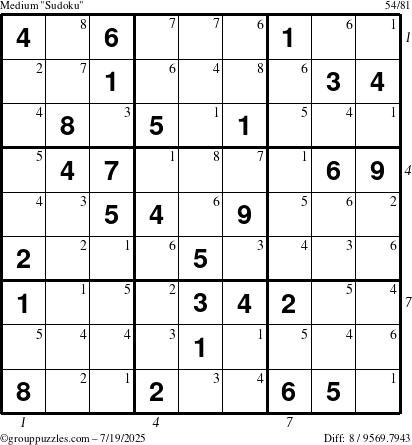 The grouppuzzles.com Medium Sudoku puzzle for Saturday July 19, 2025 with all 8 steps marked