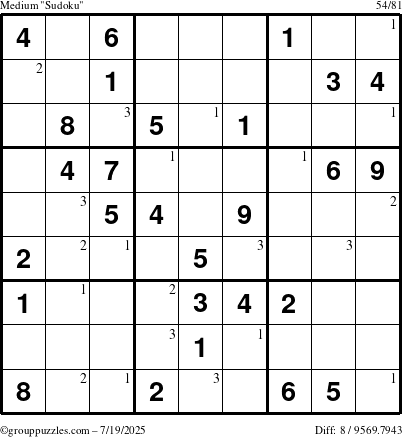 The grouppuzzles.com Medium Sudoku puzzle for Saturday July 19, 2025 with the first 3 steps marked