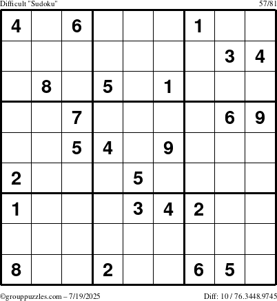 The grouppuzzles.com Difficult Sudoku puzzle for Saturday July 19, 2025