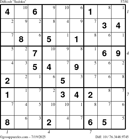 The grouppuzzles.com Difficult Sudoku puzzle for Saturday July 19, 2025 with all 10 steps marked