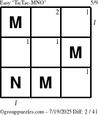 The grouppuzzles.com Easy TicTac-MNO puzzle for Saturday July 19, 2025 with all 2 steps marked