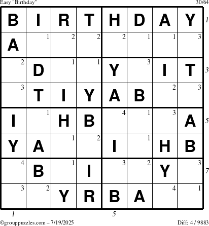 The grouppuzzles.com Easy Birthday puzzle for Saturday July 19, 2025 with all 4 steps marked