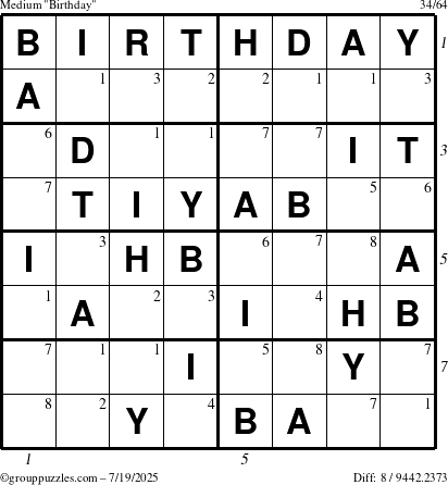 The grouppuzzles.com Medium Birthday puzzle for Saturday July 19, 2025 with all 8 steps marked