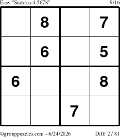 The grouppuzzles.com Easy Sudoku-4-5678 puzzle for Wednesday June 24, 2026