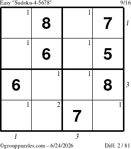 The grouppuzzles.com Easy Sudoku-4-5678 puzzle for Wednesday June 24, 2026, suitable for printing, with all 2 steps marked