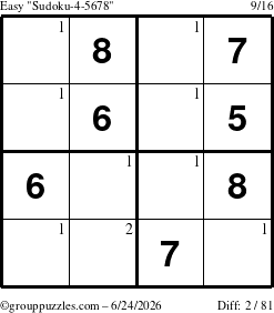 The grouppuzzles.com Easy Sudoku-4-5678 puzzle for Wednesday June 24, 2026 with the first 2 steps marked