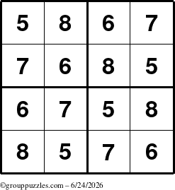 The grouppuzzles.com Answer grid for the Sudoku-4-5678 puzzle for Wednesday June 24, 2026