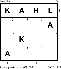 The grouppuzzles.com Easy Karl puzzle for Wednesday June 24, 2026 with all 3 steps marked