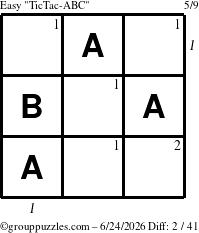 The grouppuzzles.com Easy TicTac-ABC puzzle for Wednesday June 24, 2026 with all 2 steps marked
