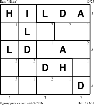 The grouppuzzles.com Easy Hilda puzzle for Wednesday June 24, 2026, suitable for printing, with all 3 steps marked
