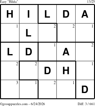 The grouppuzzles.com Easy Hilda puzzle for Wednesday June 24, 2026 with the first 3 steps marked