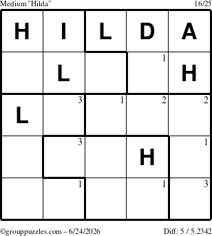 The grouppuzzles.com Medium Hilda puzzle for Wednesday June 24, 2026 with the first 3 steps marked