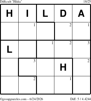 The grouppuzzles.com Difficult Hilda puzzle for Wednesday June 24, 2026 with the first 3 steps marked