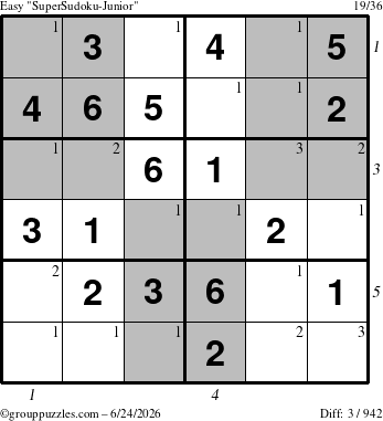 The grouppuzzles.com Easy SuperSudoku-Junior puzzle for Wednesday June 24, 2026 with all 3 steps marked