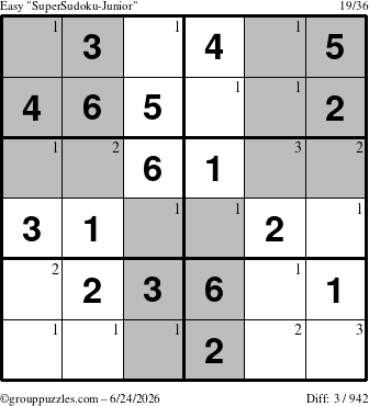 The grouppuzzles.com Easy SuperSudoku-Junior puzzle for Wednesday June 24, 2026 with the first 3 steps marked