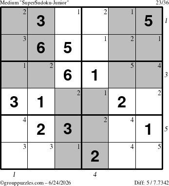 The grouppuzzles.com Medium SuperSudoku-Junior puzzle for Wednesday June 24, 2026 with all 5 steps marked