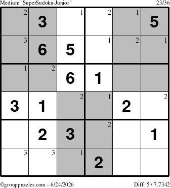 The grouppuzzles.com Medium SuperSudoku-Junior puzzle for Wednesday June 24, 2026 with the first 3 steps marked