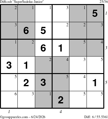 The grouppuzzles.com Difficult SuperSudoku-Junior puzzle for Wednesday June 24, 2026 with all 6 steps marked