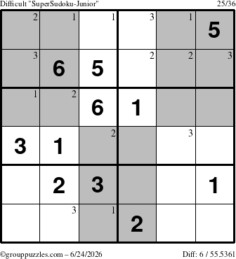The grouppuzzles.com Difficult SuperSudoku-Junior puzzle for Wednesday June 24, 2026 with the first 3 steps marked